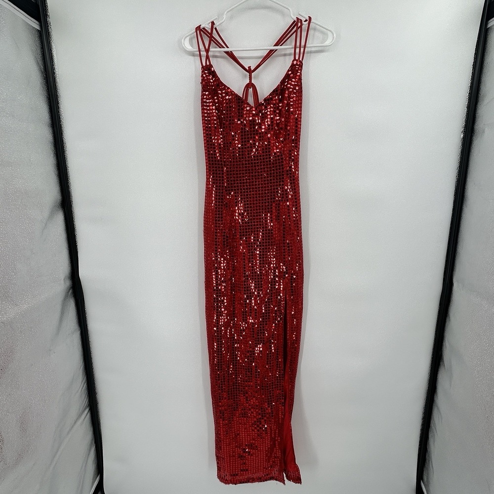Vintage Y2K L.A Glo Red Sequin Rhinestone Slinky Maxi Dress Sz 7 Glam Gown‎ Diva